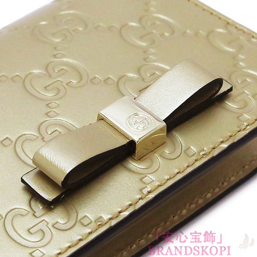 グッチ カードケース GUCCI パスケース『2016年春夏新作』BOWY/ボウイ リボン グッチシマ/GG柄 メタリックレザー ゴールデンベージュ 388684 CX01G 9504