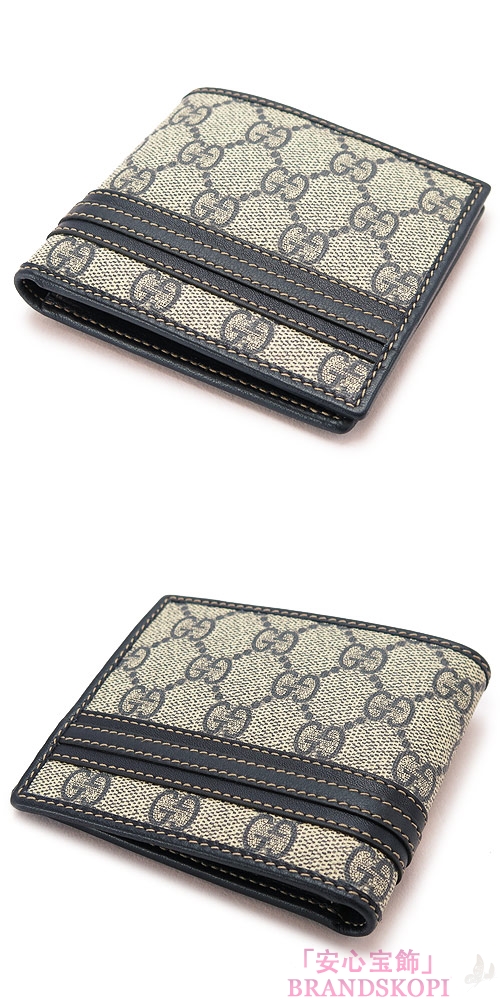 グッチ 折財布 GUCCI 二つ折財布/メンズ財布 小銭入れなし ウェビングライン GGプラス コーティングキャンバス×レザー ベージュ×ネイビー 138042 KGD6N 4075