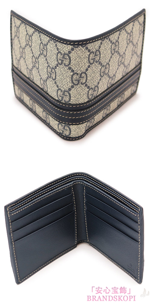 グッチ 折財布 GUCCI 二つ折財布/メンズ財布 小銭入れなし ウェビングライン GGプラス コーティングキャンバス×レザー ベージュ×ネイビー 138042 KGD6N 4075