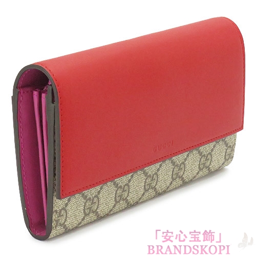 グッチ 長財布 GUCCI 財布 二つ折りフラップ 『2016年春夏新作』LINEA A/リネア GGスプリーム キャンバス レザー ベージュ×ハイビスカスレッド 410100 KLQIG 9784