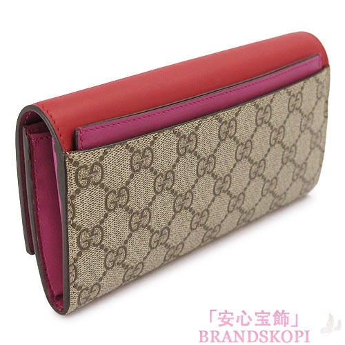 グッチ 長財布 GUCCI 財布 二つ折りフラップ 『2016年春夏新作』 GGスプリーム インサートカードケース付 キャンバス バイカラー ベージュ×ハイビスカスレッド 410105 KLQIG 9784